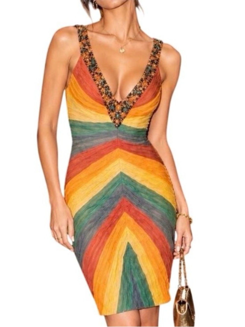 Mandalay 100% Silk Rainbow Stripe Mini Sheath Dress Beaded Strap Sleeveless NWT